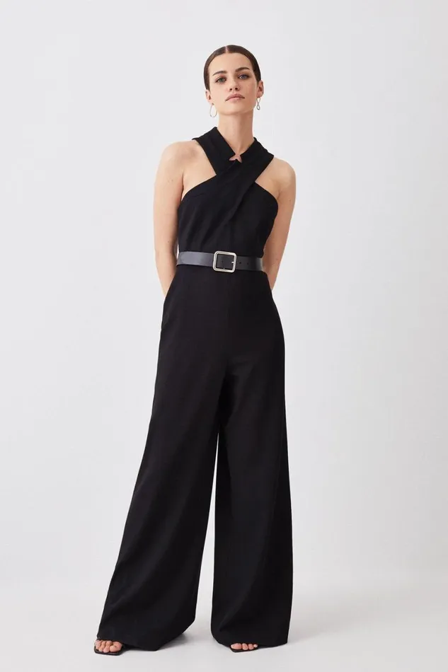 Jumpsuits Women Karen Millen Petite Structured Crepe Halter Neck Belted Wide Leg Jumpsuit Black Jumpsuits Women Karen Millen Petite Structured Crepe Halter Neck Belted Wide Leg Jumpsuit Black