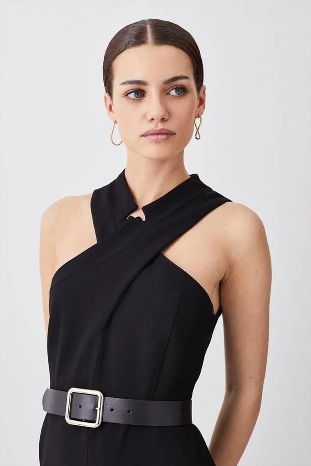 Jumpsuits Women Karen Millen Petite Structured Crepe Halter Neck Belted Wide Leg Jumpsuit Black