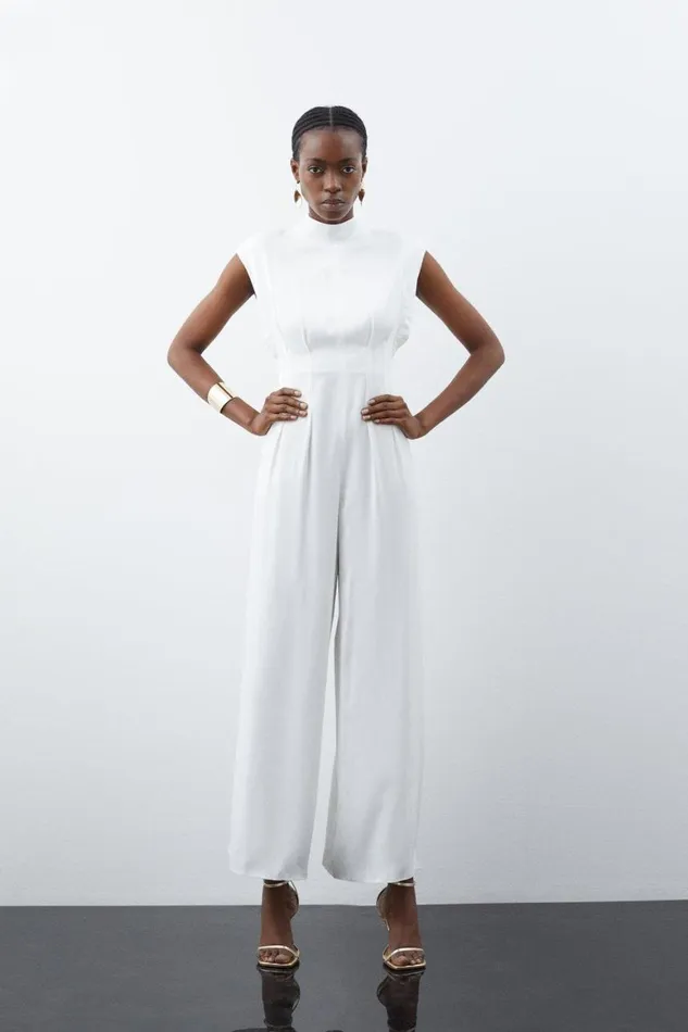 Jumpsuits Women Karen Millen Satin Back Crepe Pintuck Woven Jumpsuit Ivory
