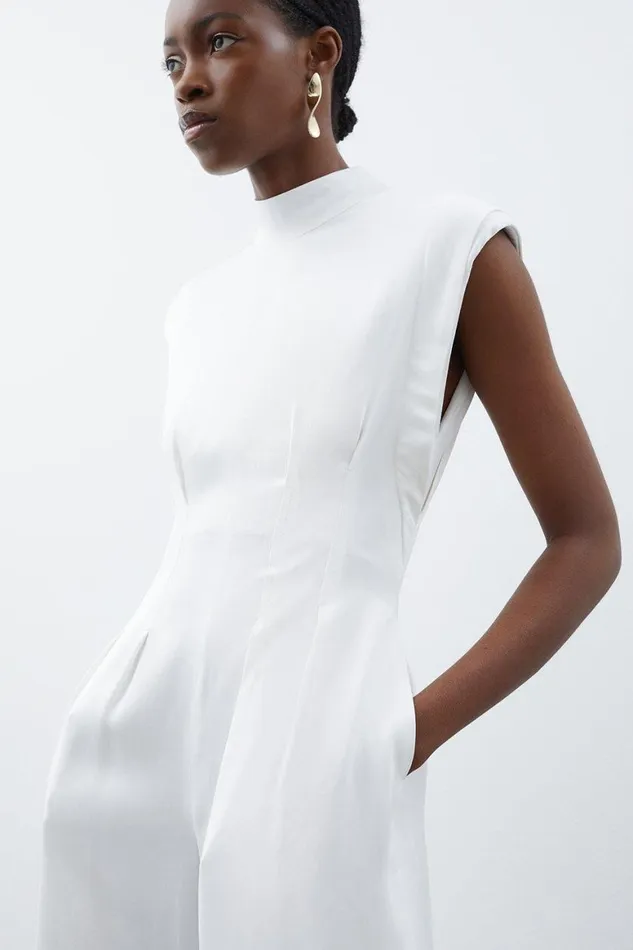 Jumpsuits Women Karen Millen Satin Back Crepe Pintuck Woven Jumpsuit Ivory