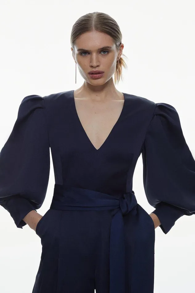 Jumpsuits Women Karen Millen Soft Satin Back Crepe Statement Sleeve Jumpsuit Navy