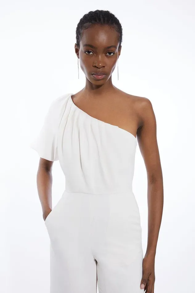 Jumpsuits Women Karen Millen Soft Tailored One Shoulder Wide Leg Jumpsuit Ivory