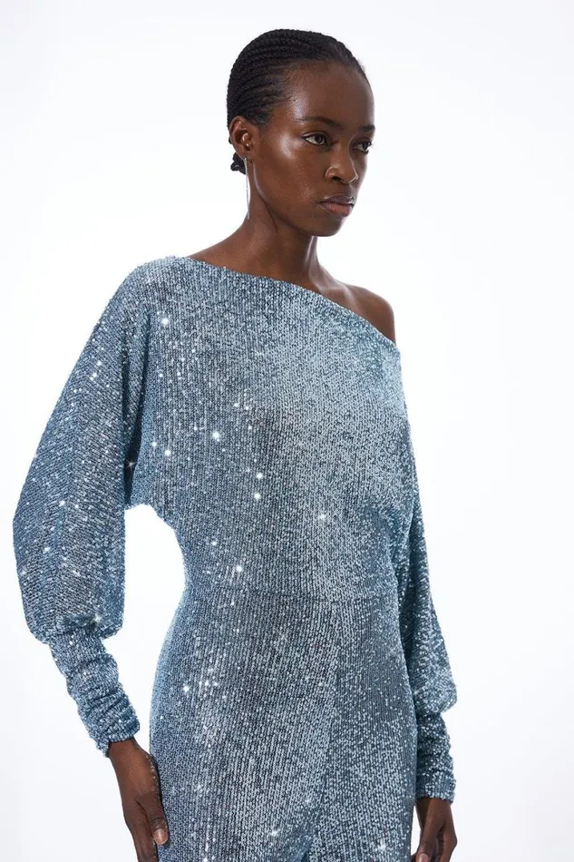 Jumpsuits Women Karen Millen Tall Stretch Jersey Sequin Wide Leg Jumpsuit Blue