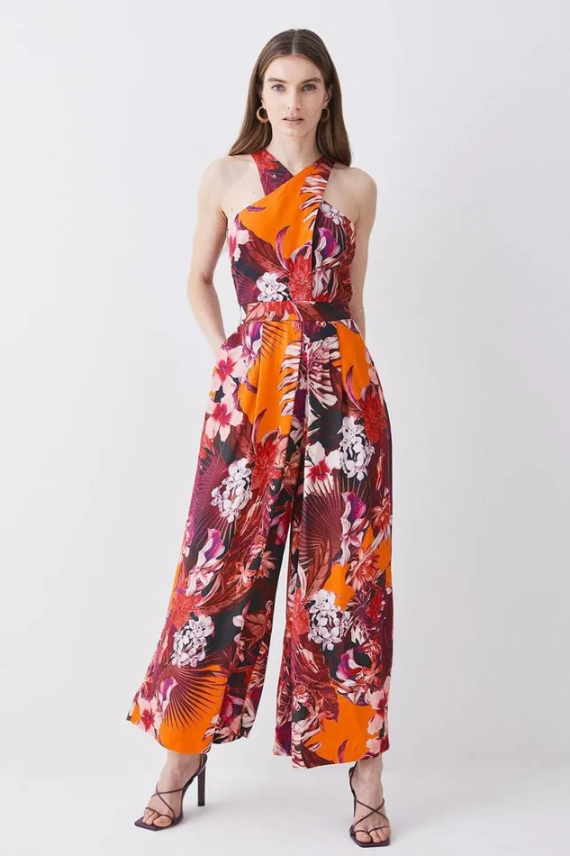 Jumpsuits Women Karen Millen Tropical Floral Premium Linen Viscose Halter Woven Jumpsuit Orange Jumpsuits Women Karen Millen Tropical Floral Premium Linen Viscose Halter Woven Jumpsuit Orange