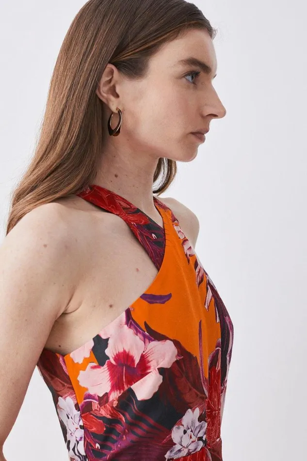 Jumpsuits Women Karen Millen Tropical Floral Premium Linen Viscose Halter Woven Jumpsuit Orange