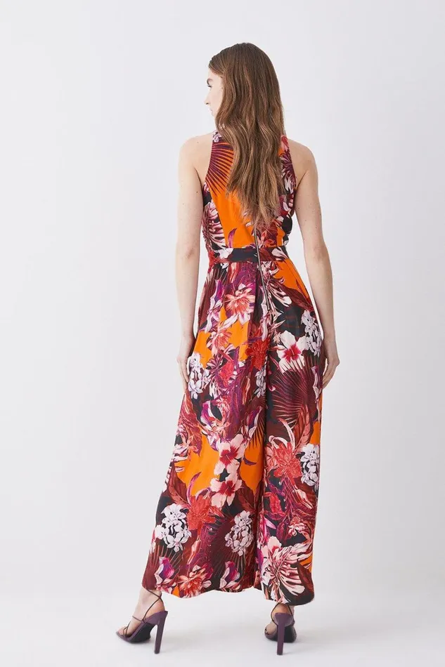 Jumpsuits Women Karen Millen Tropical Floral Premium Linen Viscose Halter Woven Jumpsuit Orange