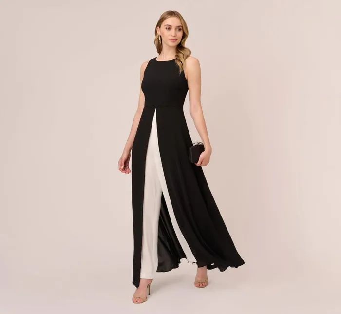 Jumpsuits Womens Adrianna Papell Colorblock Jumpsuit With Skirt Overlay In Black Ivory