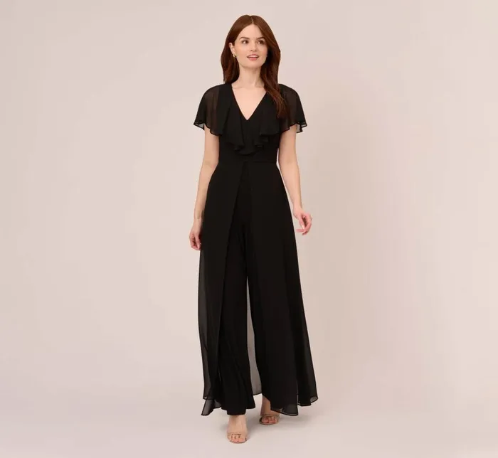 Jumpsuits Womens Adrianna Papell Jersey Jumpsuit With Chiffon Capelet And Skirt Overlay In Black Jumpsuits Womens Adrianna Papell Jersey Jumpsuit With Chiffon Capelet And Skirt Overlay In Black