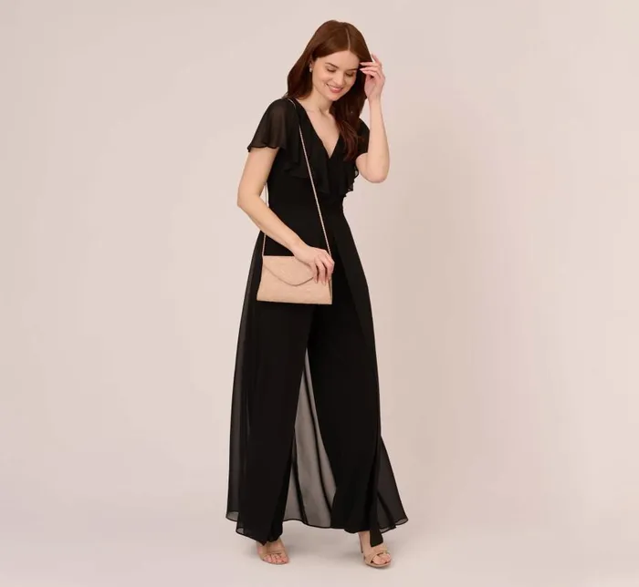 Jumpsuits Womens Adrianna Papell Jersey Jumpsuit With Chiffon Capelet And Skirt Overlay In Black