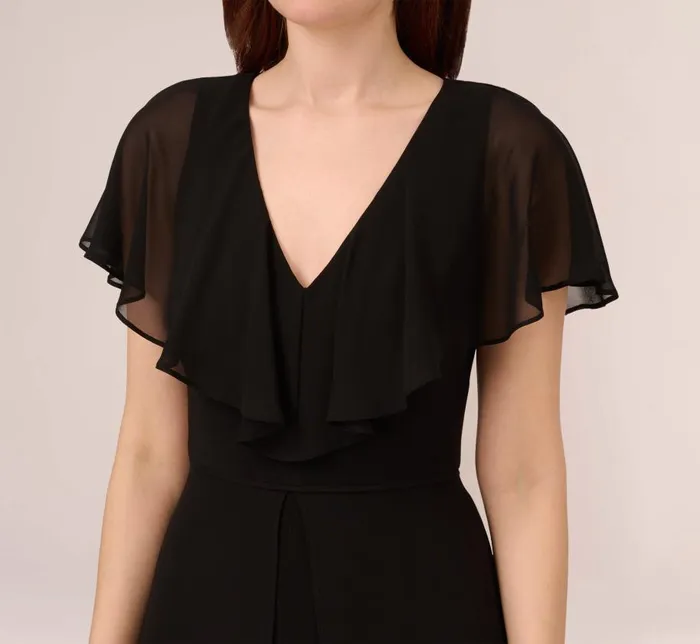 Jumpsuits Womens Adrianna Papell Jersey Jumpsuit With Chiffon Capelet And Skirt Overlay In Black