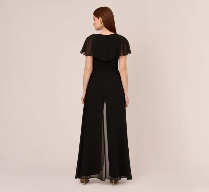 Jumpsuits Womens Adrianna Papell Jersey Jumpsuit With Chiffon Capelet And Skirt Overlay In Black