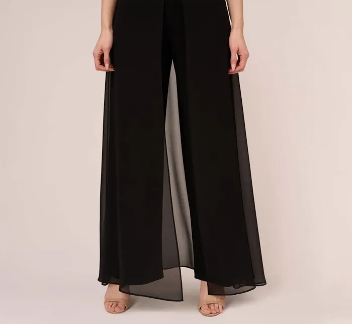Jumpsuits Womens Adrianna Papell Jersey Jumpsuit With Chiffon Capelet And Skirt Overlay In Black