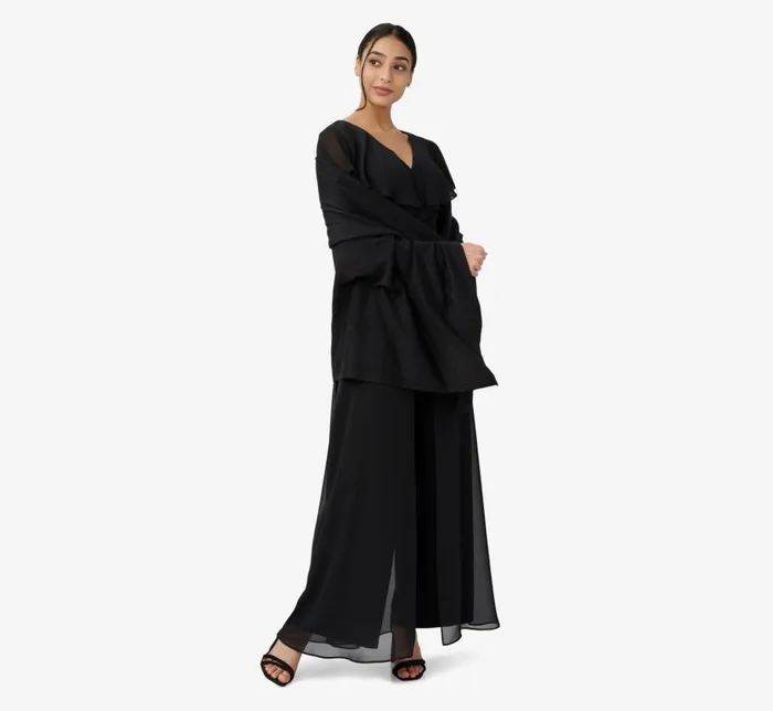 Jumpsuits Womens Adrianna Papell Jersey Jumpsuit With Chiffon Capelet And Skirt Overlay In Black
