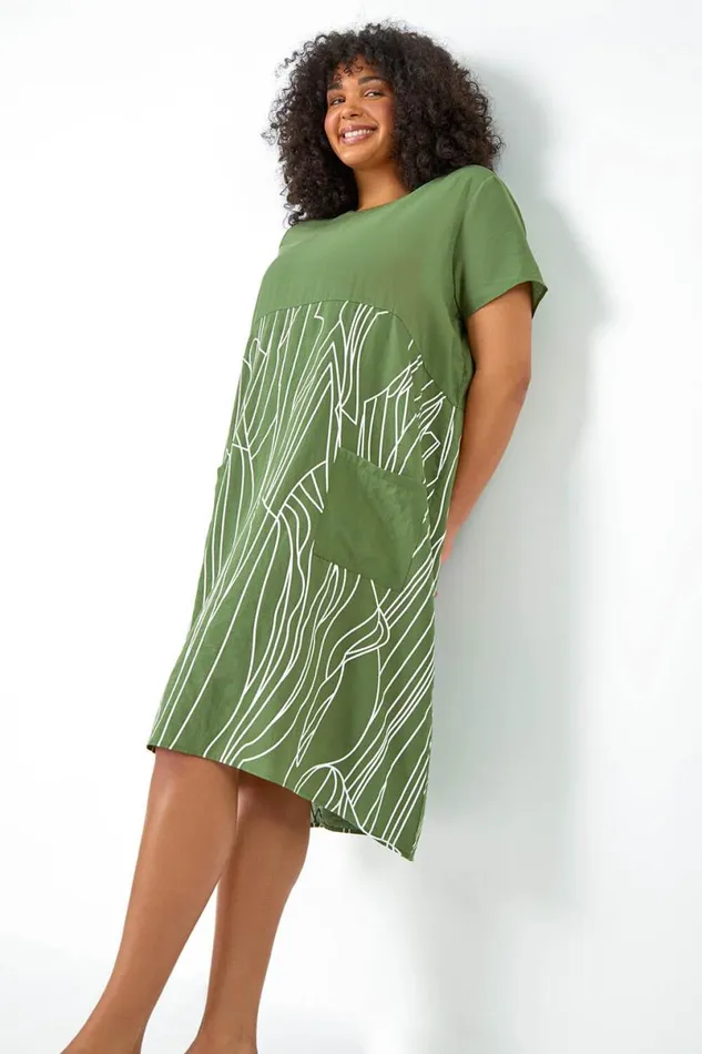 Khaki Curve Contrast Print Pocket TShirt Dress Women Roman Dresses
