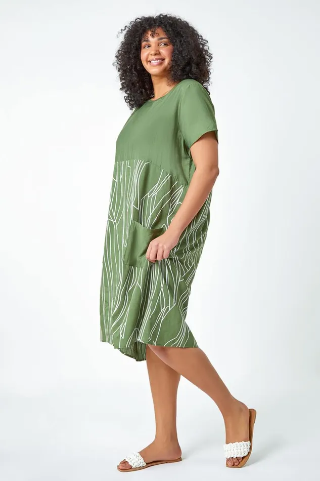 Khaki Curve Contrast Print Pocket TShirt Dress Women Roman Dresses
