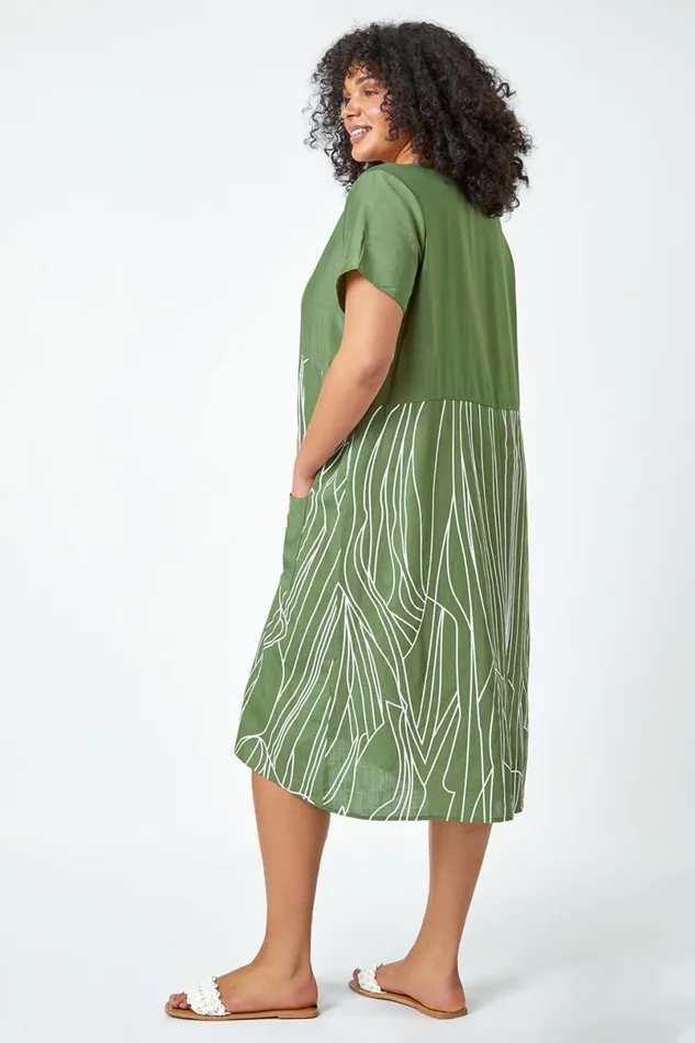 Khaki Curve Contrast Print Pocket TShirt Dress Women Roman Dresses