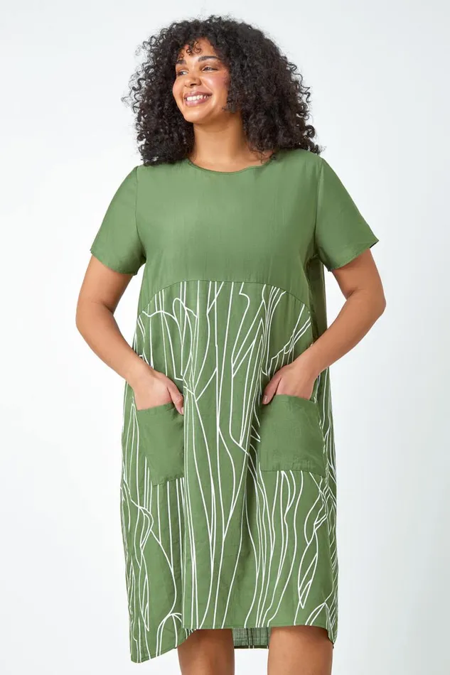 Khaki Curve Contrast Print Pocket TShirt Dress Women Roman Dresses