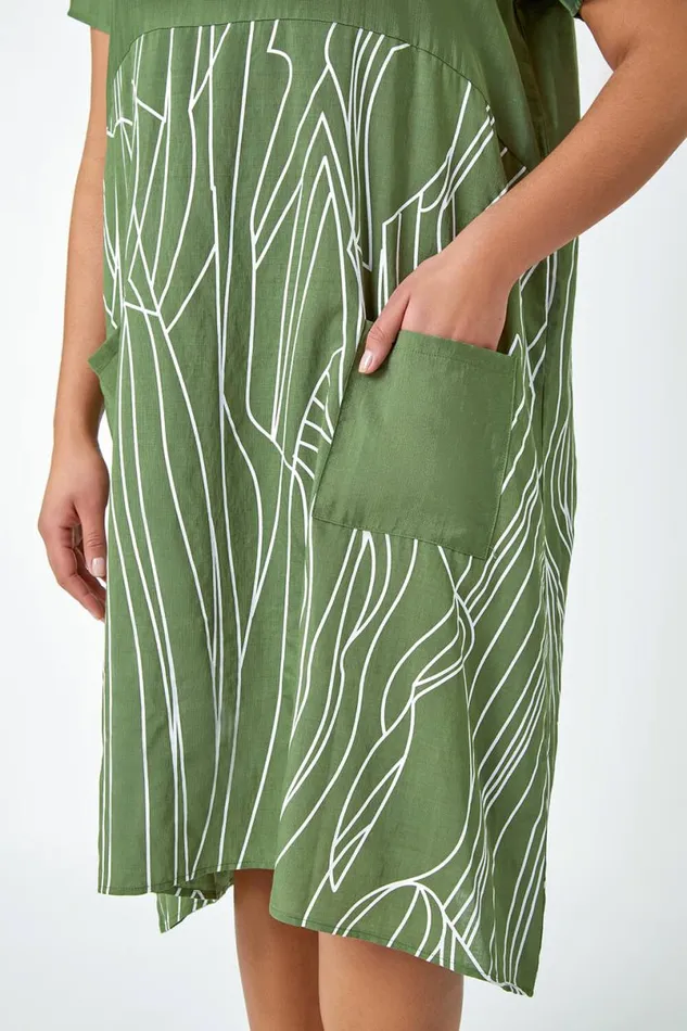 Khaki Curve Contrast Print Pocket TShirt Dress Women Roman Dresses