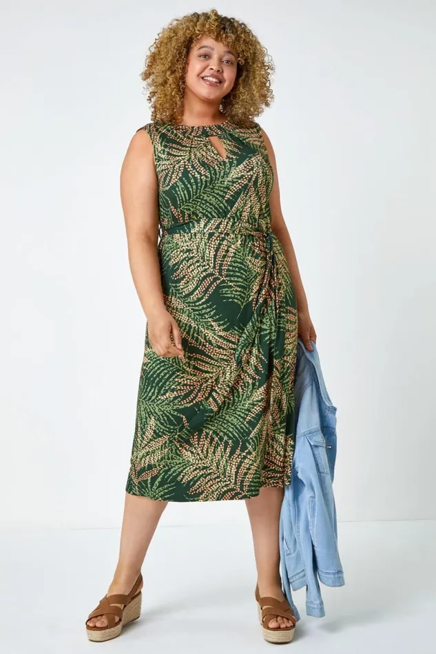 Khaki Curve Leaf Print Tie Detail Dress Women Roman Dresses