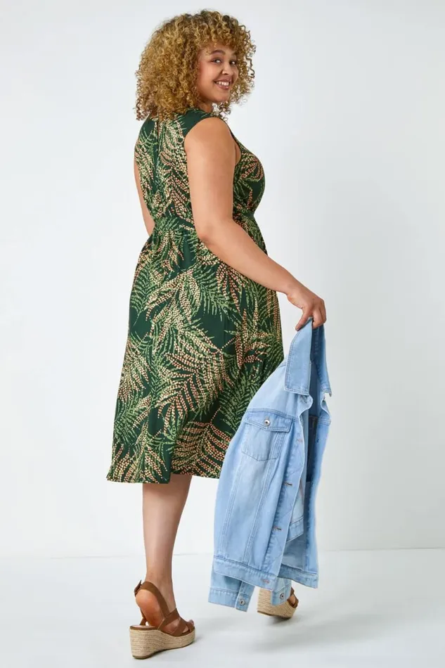 Khaki Curve Leaf Print Tie Detail Dress Women Roman Dresses