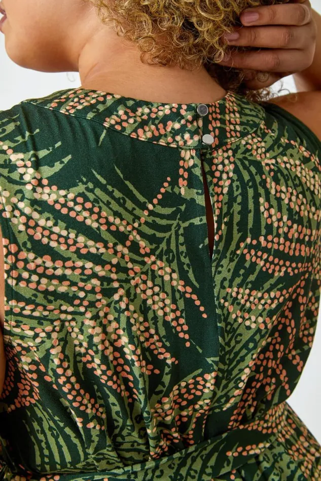 Khaki Curve Leaf Print Tie Detail Dress Women Roman Dresses