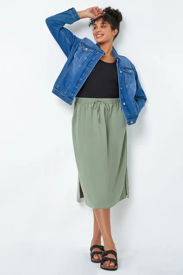 Khaki Curve Linen Look A Line Midi Skirt Women Roman Skirts