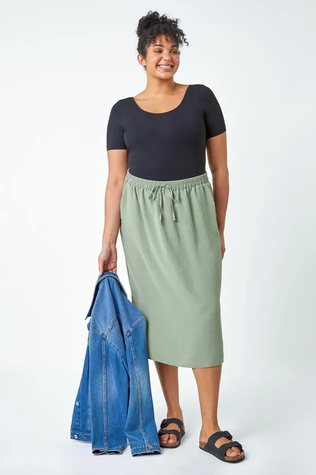 Khaki Curve Linen Look A Line Midi Skirt Women Roman Skirts