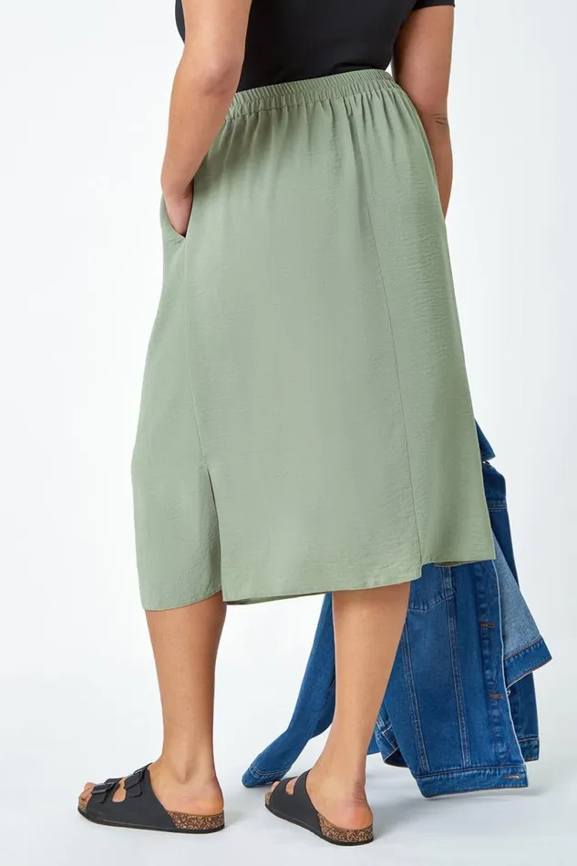 Khaki Curve Linen Look A Line Midi Skirt Women Roman Skirts
