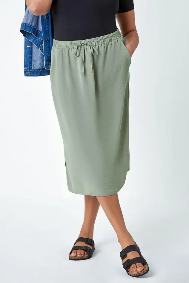 Khaki Curve Linen Look A Line Midi Skirt Women Roman Skirts