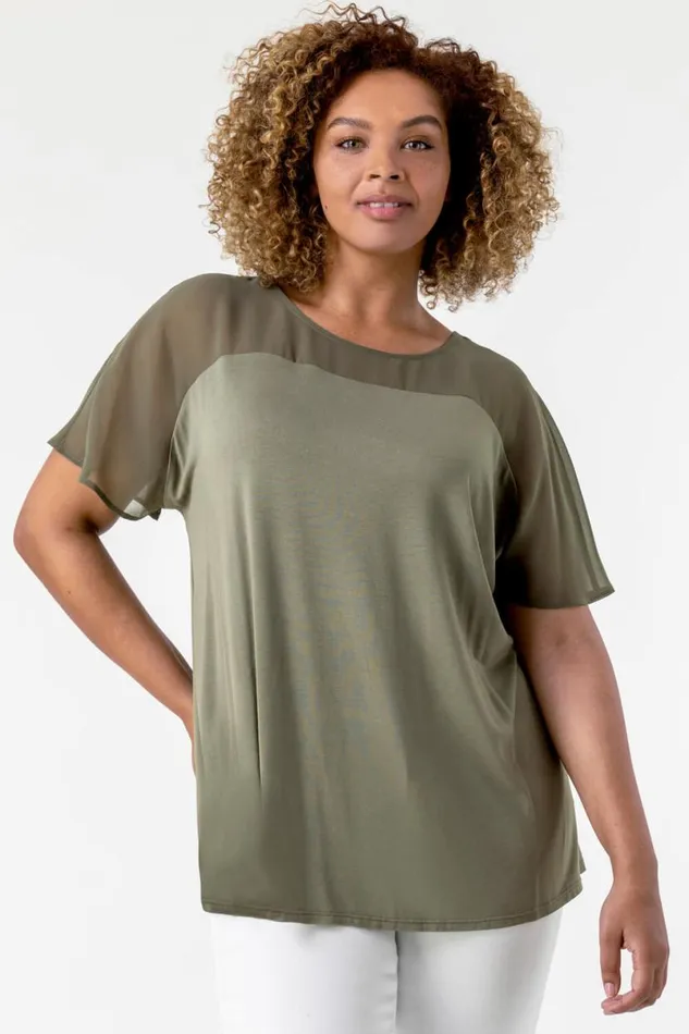 Khaki Curve Mesh Yoke Jersey Top Women Roman Tops