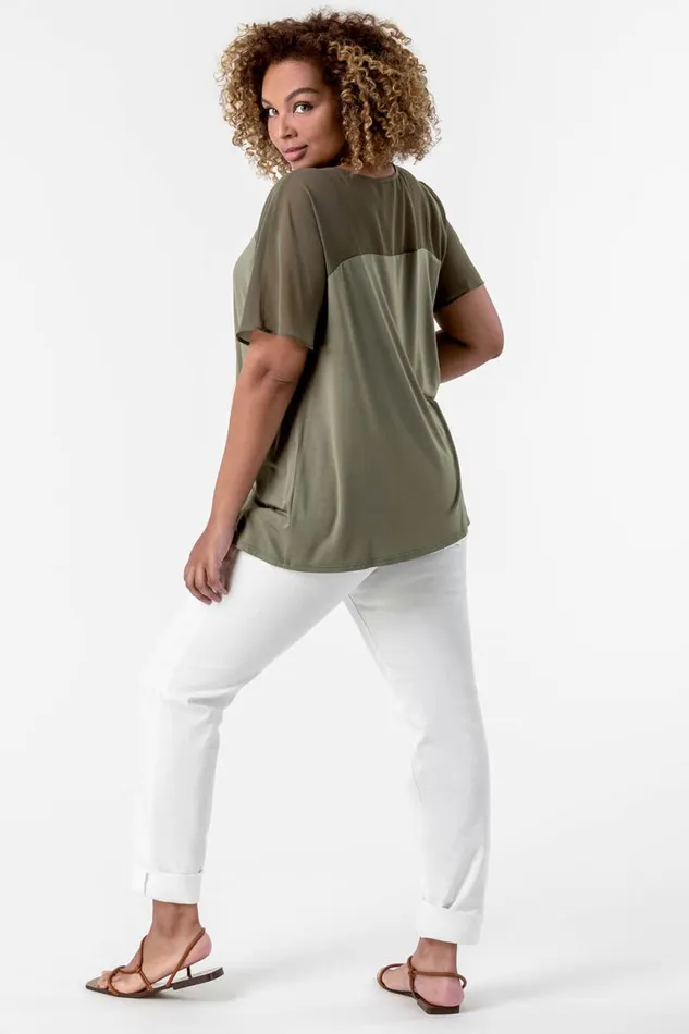 Khaki Curve Mesh Yoke Jersey Top Women Roman Tops