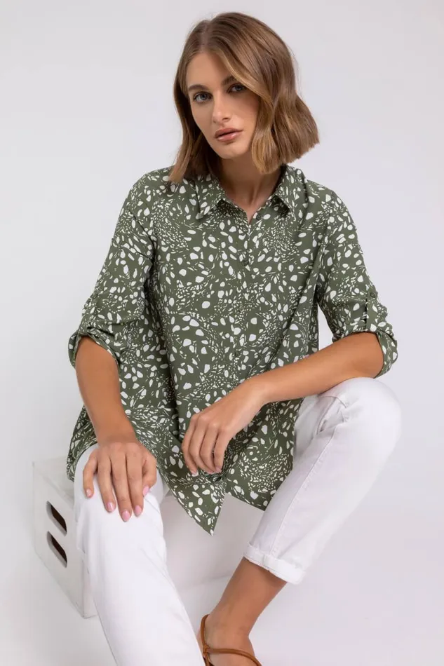 Khaki Ditsy Spot Tunic Blouse Women Roman Tops