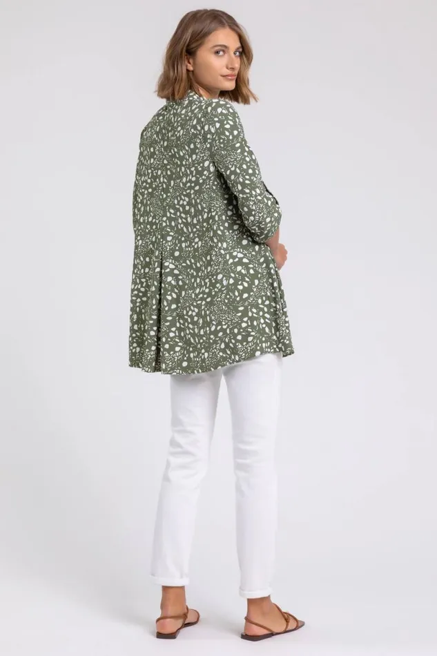 Khaki Ditsy Spot Tunic Blouse Women Roman Tops