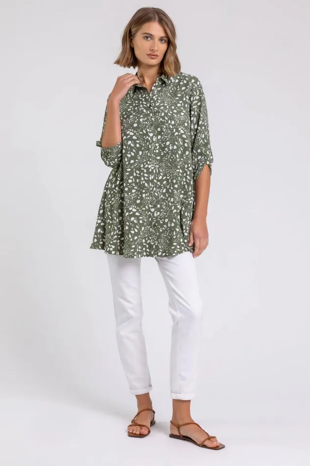 Khaki Ditsy Spot Tunic Blouse Women Roman Tops