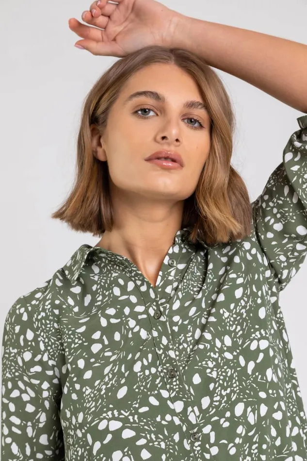 Khaki Ditsy Spot Tunic Blouse Women Roman Tops