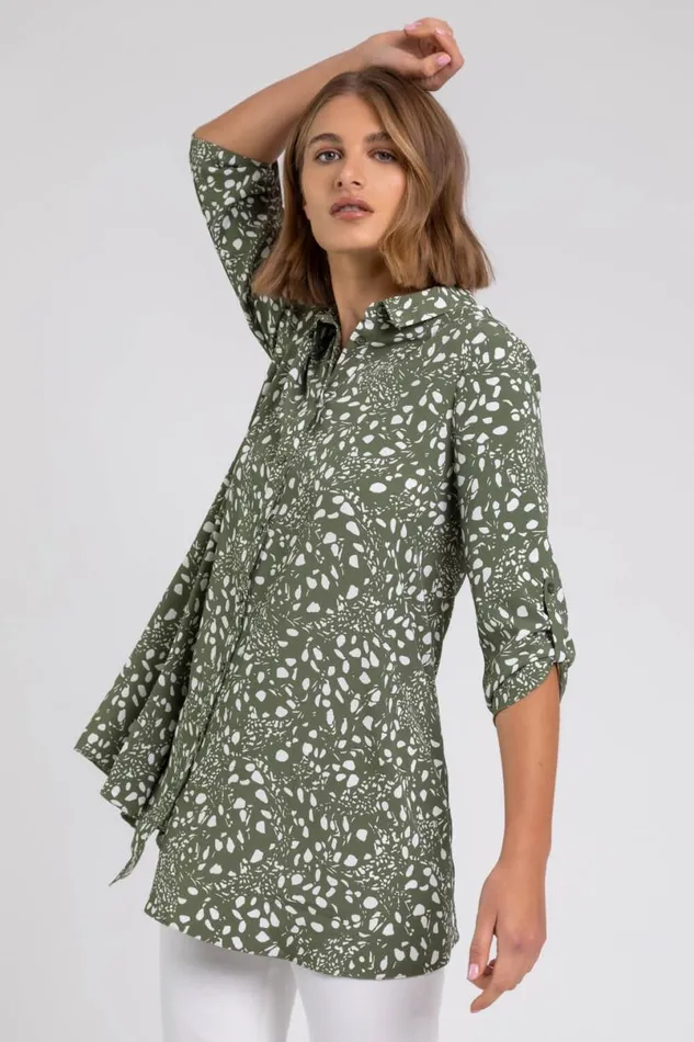 Khaki Ditsy Spot Tunic Blouse Women Roman Tops