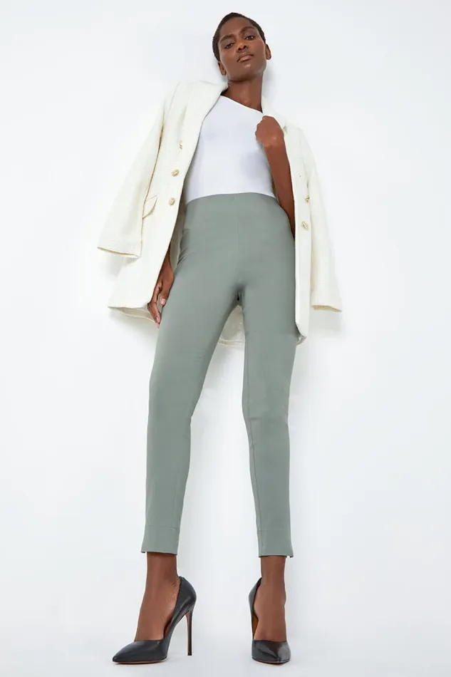 Khaki Full Length Elastic Waist Stretch Trousers Women Roman Trousers