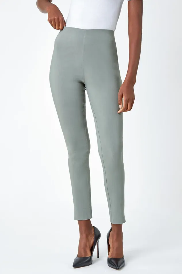 Khaki Full Length Elastic Waist Stretch Trousers Women Roman Trousers