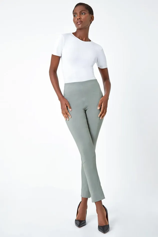 Khaki Full Length Elastic Waist Stretch Trousers Women Roman Trousers
