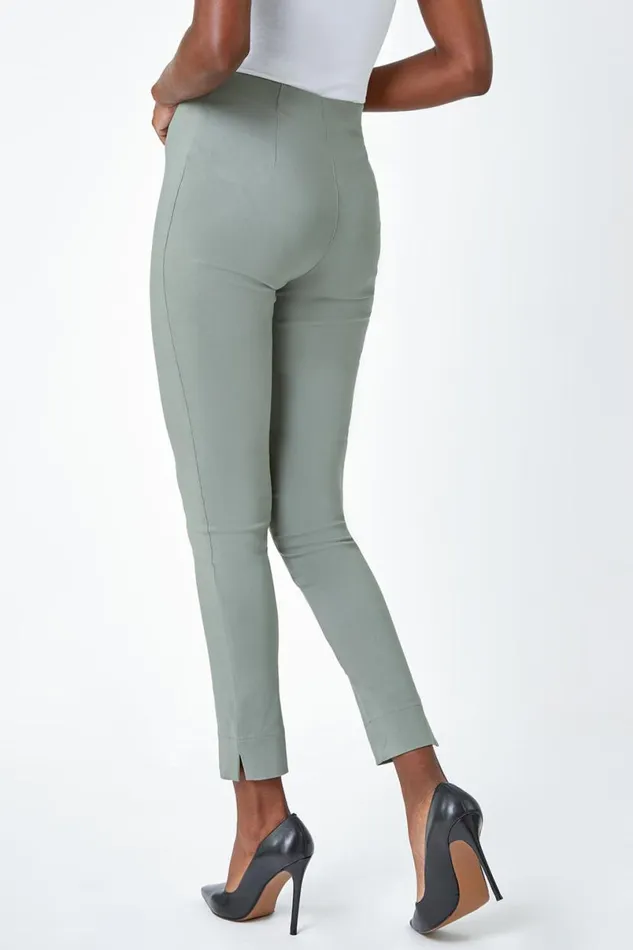 Khaki Full Length Elastic Waist Stretch Trousers Women Roman Trousers