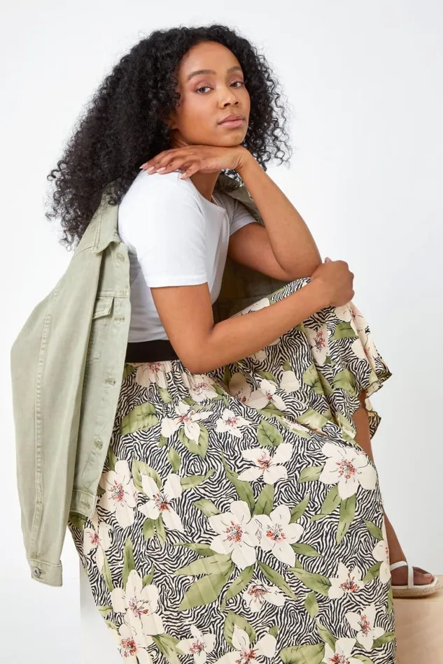 Khaki Petite Animal Floral Pleated Skirt Women Roman Skirts