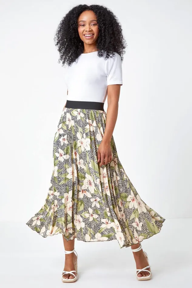Khaki Petite Animal Floral Pleated Skirt Women Roman Skirts