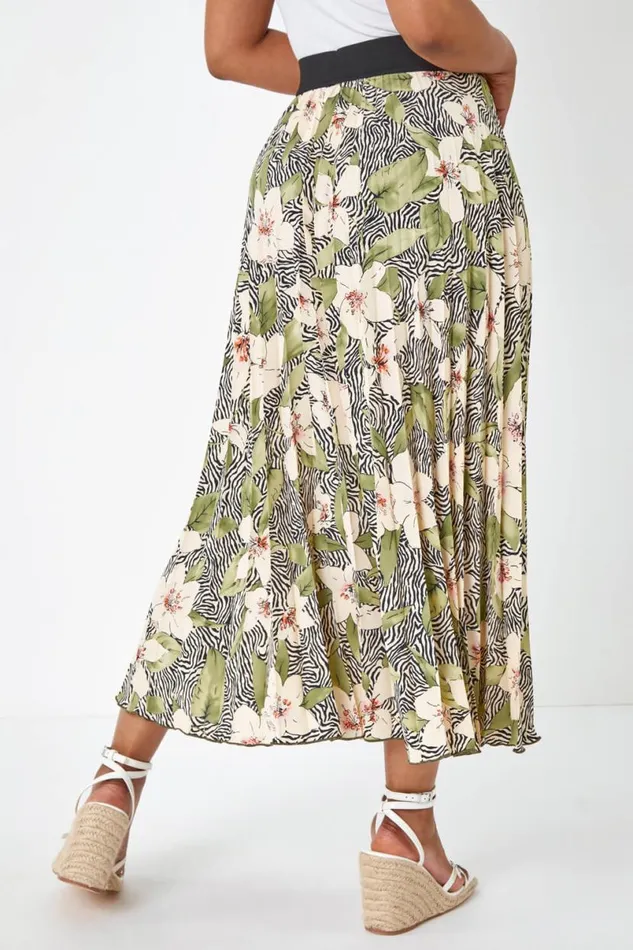 Khaki Petite Animal Floral Pleated Skirt Women Roman Skirts