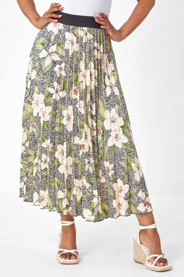 Khaki Petite Animal Floral Pleated Skirt Women Roman Skirts