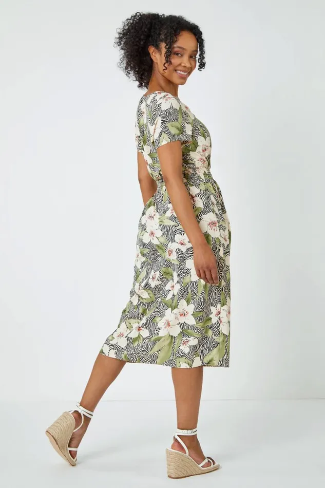 Khaki Petite Floral Zebra Print Midi Dress Women Roman Dresses