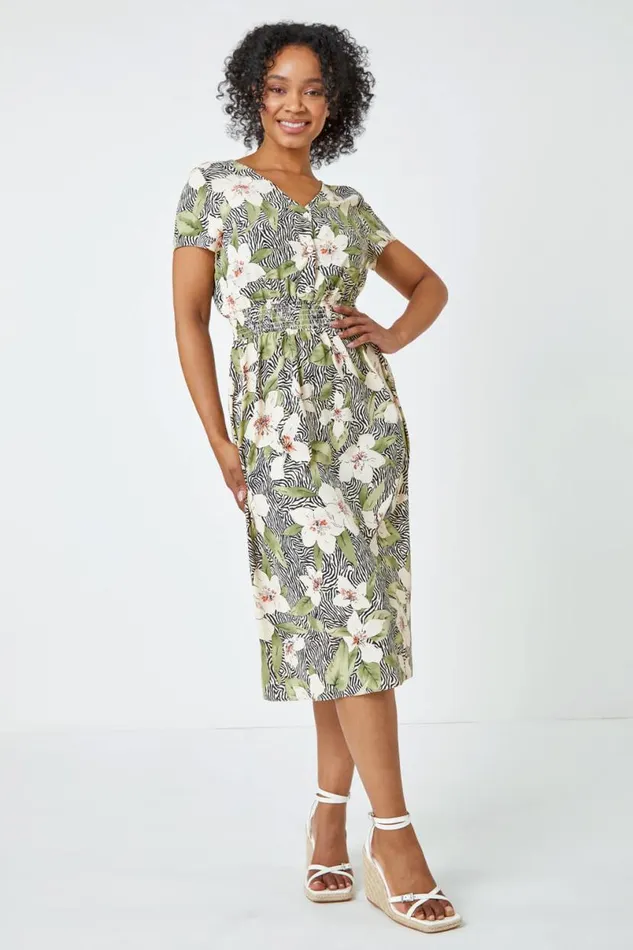 Khaki Petite Floral Zebra Print Midi Dress Women Roman Dresses