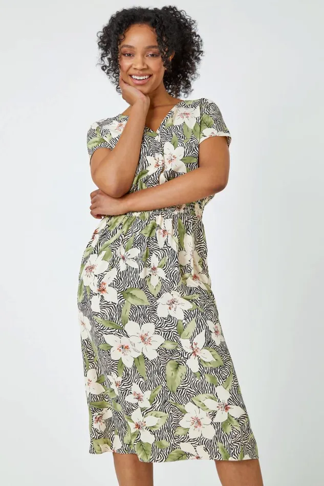 Khaki Petite Floral Zebra Print Midi Dress Women Roman Dresses