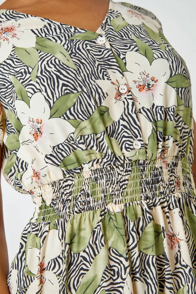 Khaki Petite Floral Zebra Print Midi Dress Women Roman Dresses
