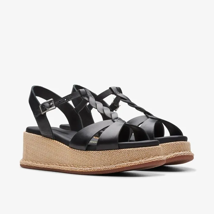 KIMMEI TWIST Black Leather Women Clarks Sandals and Flip Flops
