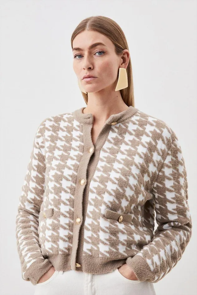 Knitwear Women Karen Millen Boucle Jacquard Dogtooth Knit Cardigan Multi